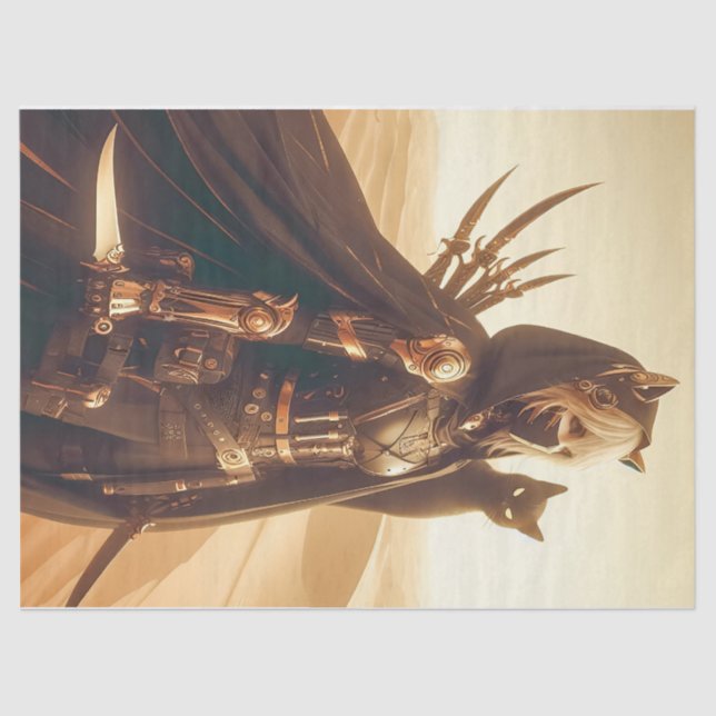 Woman Warrior in Black with Cat Decoupage Tissue Paper (Front)