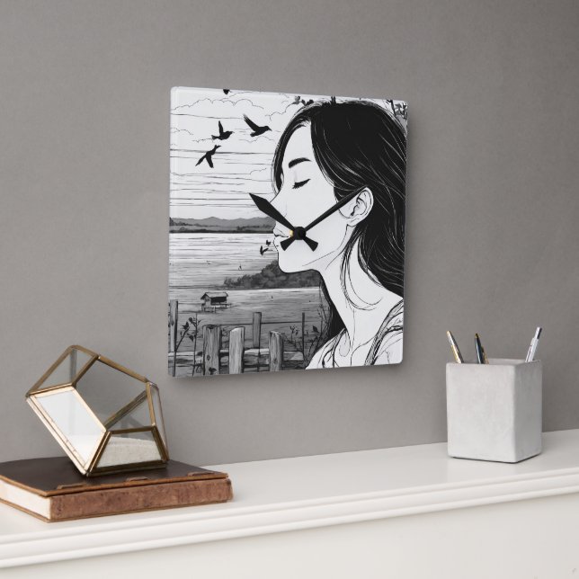 woman watching a bird closed eyes wall clock (Office)