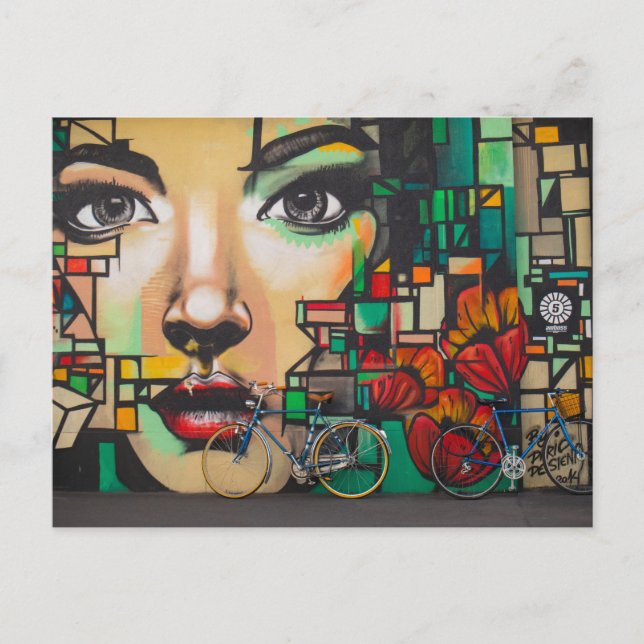 Woman Watching Blue Bikes (Switzerland) Postcard (Front)