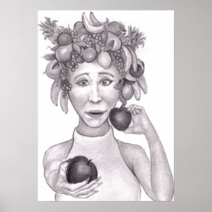 Woman Wearing a Hat Made of Fruit Offering Viewer  Poster