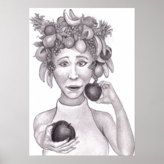 Woman Wearing a Hat Made of Fruit Offering Viewer Poster