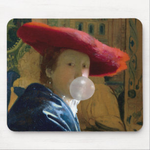 Woman wearing a red hat blowing a bubble gum mouse mat