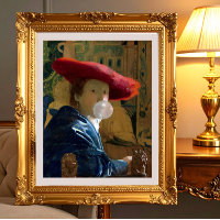 Woman wearing a red hat blowing a bubble gum