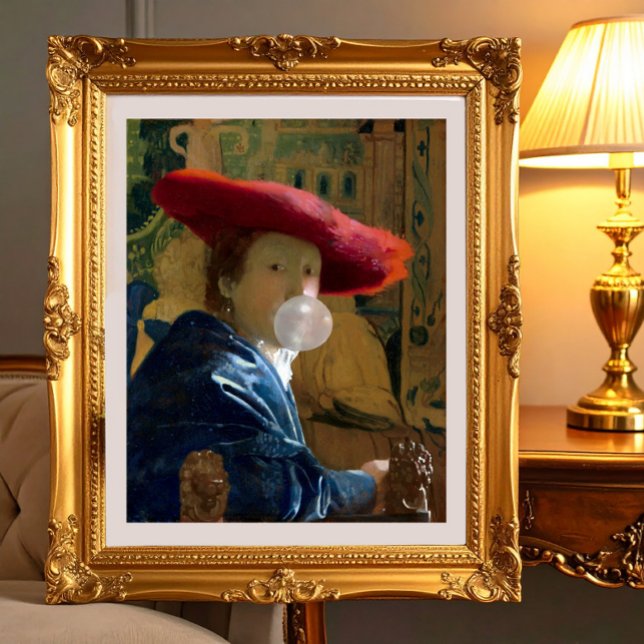 Woman wearing a red hat blowing a bubble gum poster (Creator Uploaded)