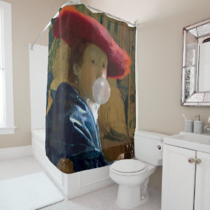 Woman wearing a red hat blowing a bubble gum shower curtain