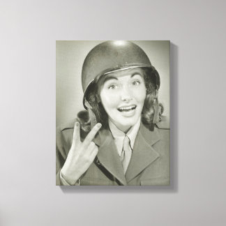 Woman Wearing an Army Helmet Canvas Print