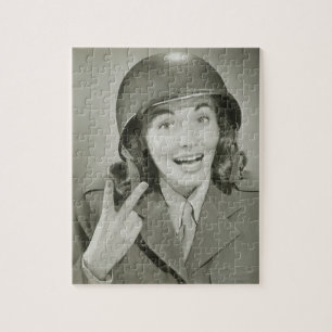 Woman Wearing an Army Helmet Jigsaw Puzzle