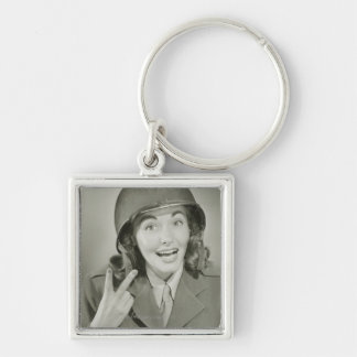 Woman Wearing an Army Helmet Key Ring