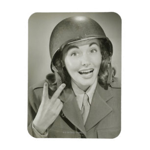 Woman Wearing an Army Helmet Magnet