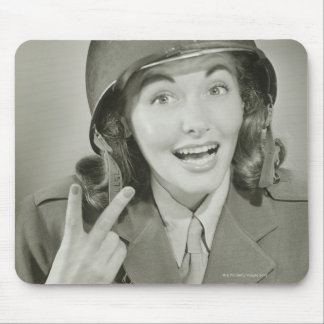 Woman Wearing an Army Helmet Mouse Mat