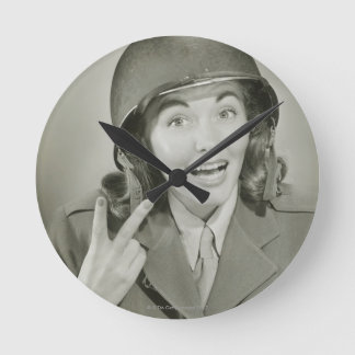 Woman Wearing an Army Helmet Round Clock