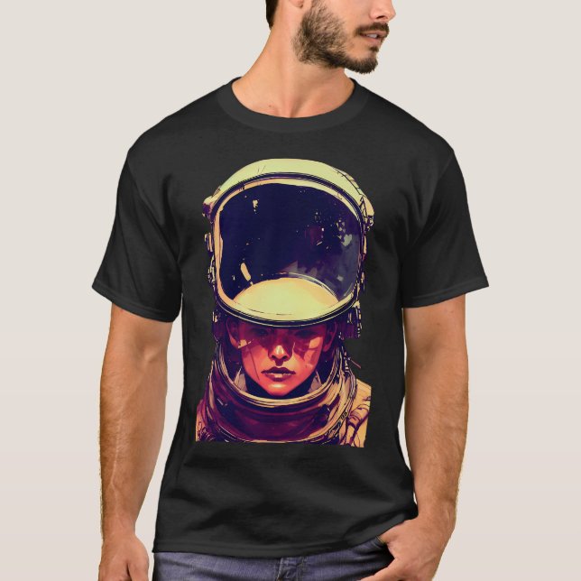 Woman Wearing Astronaut Helmet T-Shirt (Front)