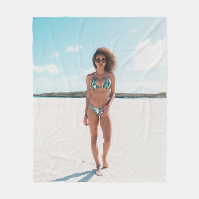 Woman wearing bikini standing on sand fleece blanket (Front)