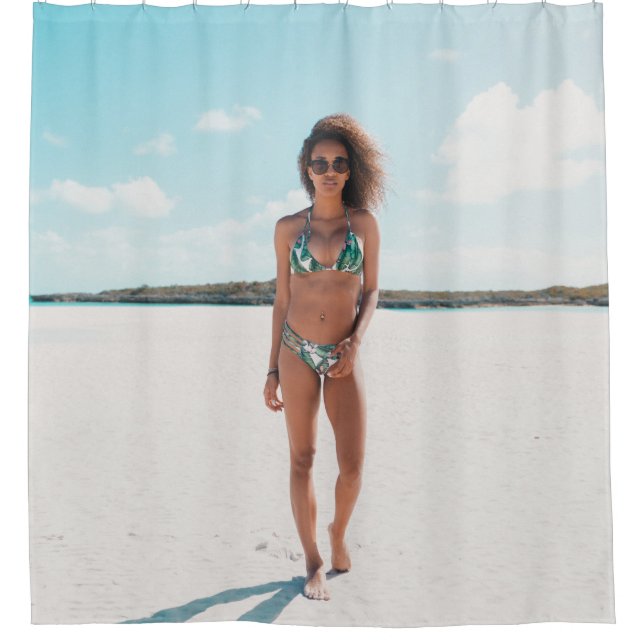 Woman wearing bikini standing on sand shower curtain (Front)
