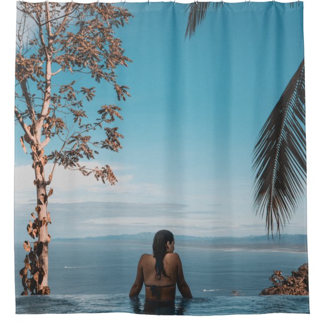 Woman wearing black bikini tap swimming on body of shower curtain (Front)