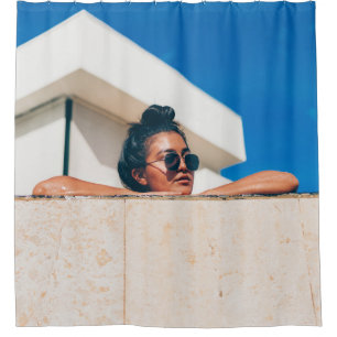 Woman wearing black sunglasses shower curtain