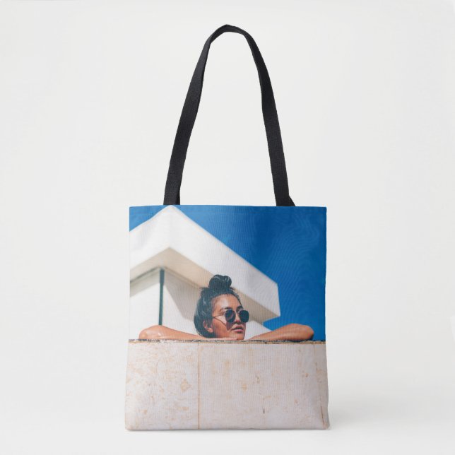 Woman wearing black sunglasses tote bag (Front)