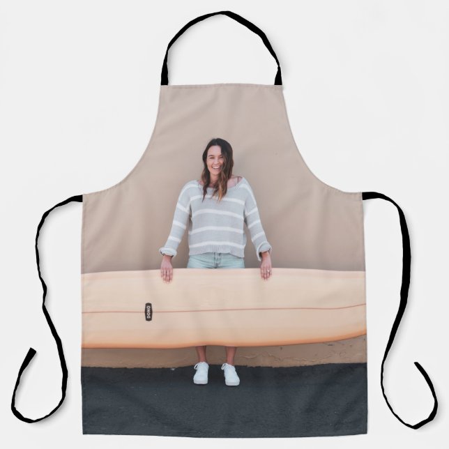 Woman wearing grey and white stripe long-sleeved s apron (Front)