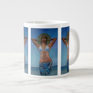 Woman Wearing Hat And Sarong Enjoying Summer Large Coffee Mug