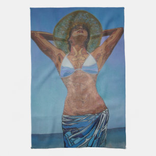 Woman Wearing Hat And Sarong Enjoying Summer Tea Towel