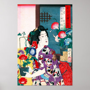 Woman wearing in cat patterned kimono, Yoshitoshi Poster