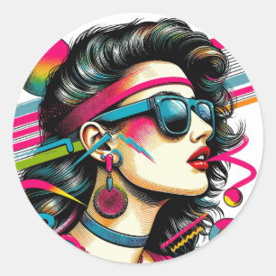 Woman wearing sunglasses colorful pop art classic round sticker