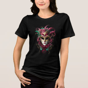 Woman wearing Venetian eye mask pink green gold Tri-Blend Shirt