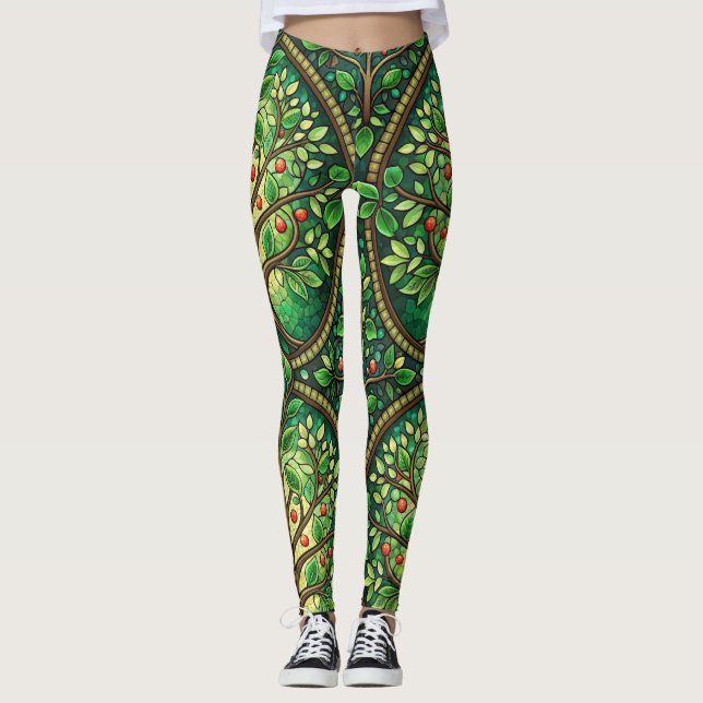 Woman wearing vibrant leggings with an intricate  (Front)