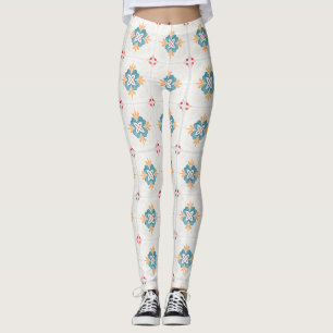 Woman wearing white leggings with a colourful