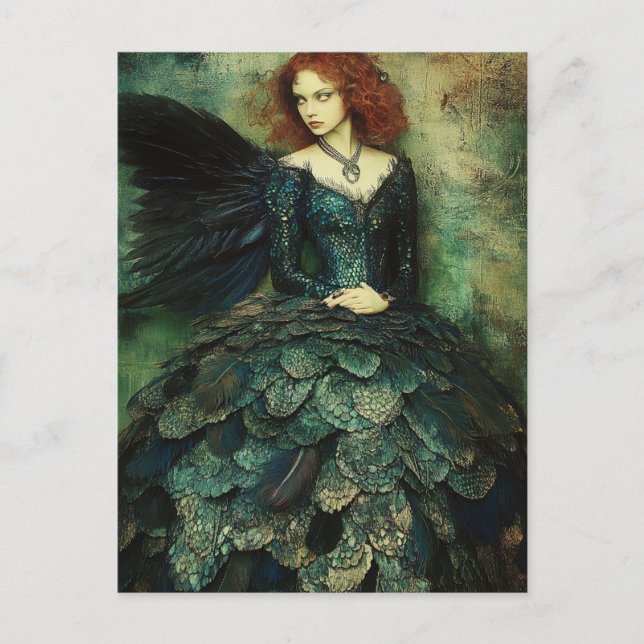 Woman wears Dark Green Fish Scale Dress Fantasy Postcard (Front)