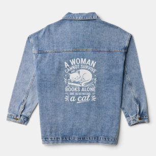 Woman who loves books and cats denim jacket