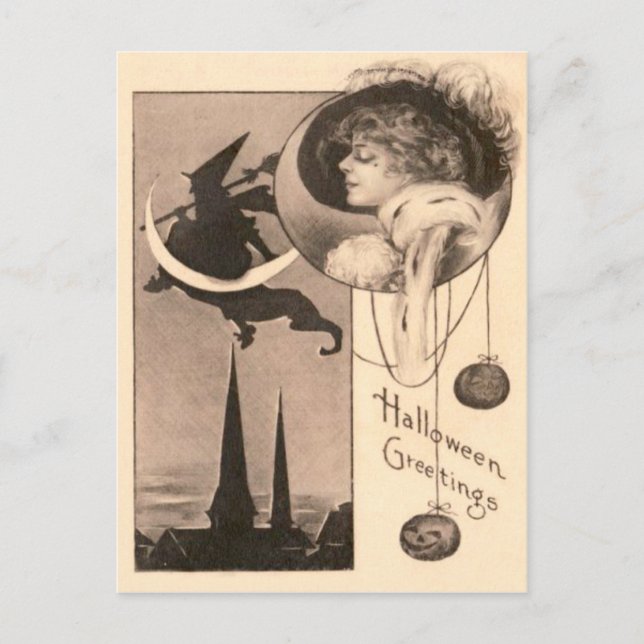 Woman Witch Crescent Moon Jack O' Lantern Postcard (Front)