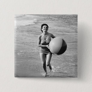 Woman with a Beach Ball 15 Cm Square Badge