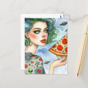 Woman with a big slice of pizza and UFOs Postcard