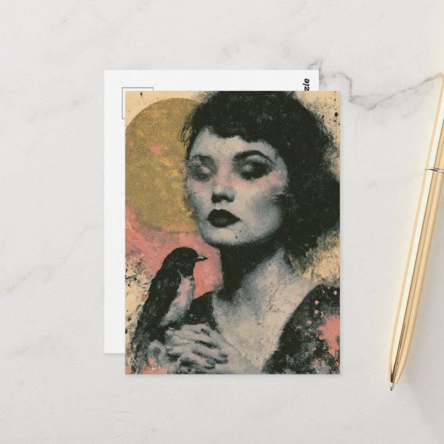 Woman With a Bird Postcard (Front/Back In Situ)