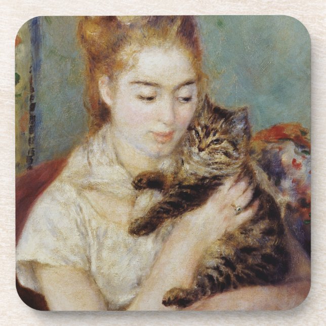 Woman with a Cat by Pierre-Auguste Renoir Coaster (Front)
