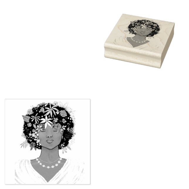 Woman with a Flowered Afro Rubber Stamp (Stamped)
