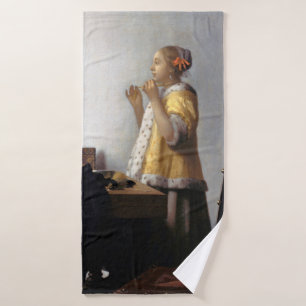 Woman with a Pearl Necklace, Johannes Vermeer Bath Towel