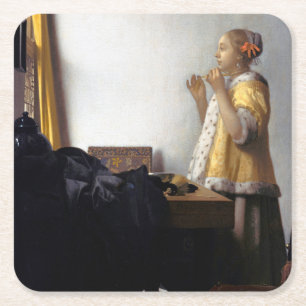 Woman with a Pearl Necklace, Johannes Vermeer Square Paper Coaster