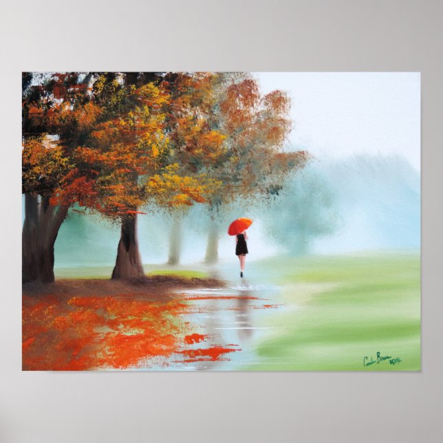 Woman with a red umbrella autumn landscape art poster (Front)