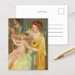Woman with a Sunflower | Mary Cassatt Postcard<br><div class="desc">Woman with a Sunflower (1905) by American impressionist artist Mary Cassatt. Original artwork is an oil painting on canvas depicting a portrait of a mother wearing a yellow dress and sunflower, looking into a mirror with her young daughter on her lap. Use the design tools to add custom text or...</div>