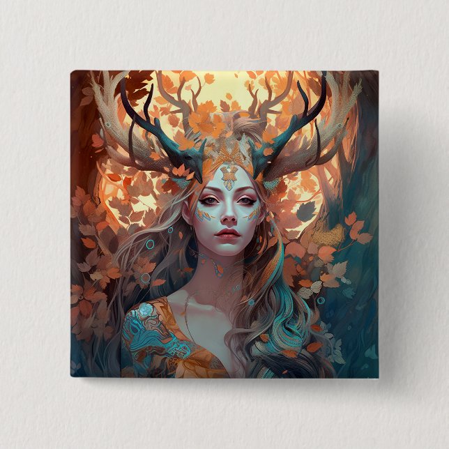 Woman With Antlers Fantasy Art 15 Cm Square Badge (Front)