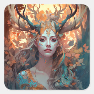 Woman With Antlers Fantasy Art Square Sticker