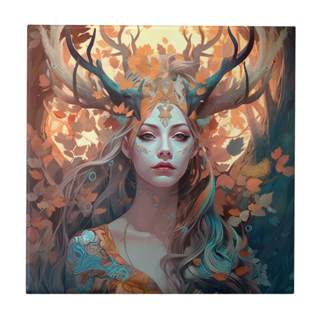 Woman With Antlers Fantasy Art Tile (Front)