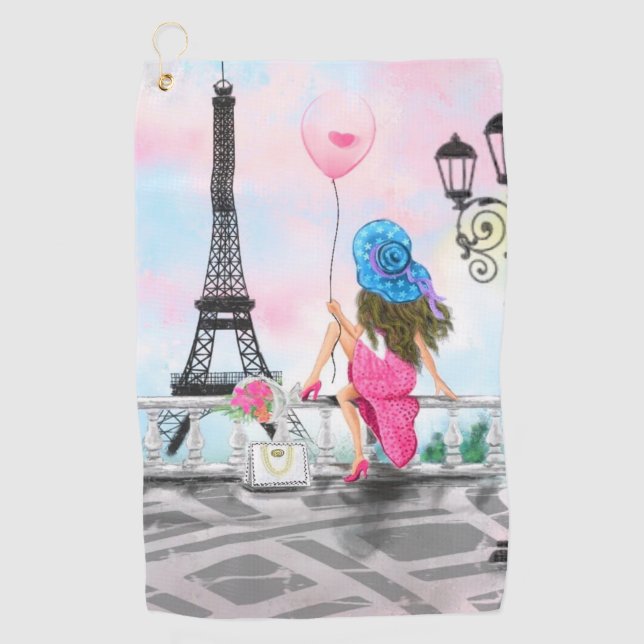 Woman with Balloon In Paris Golf Towel (Front)