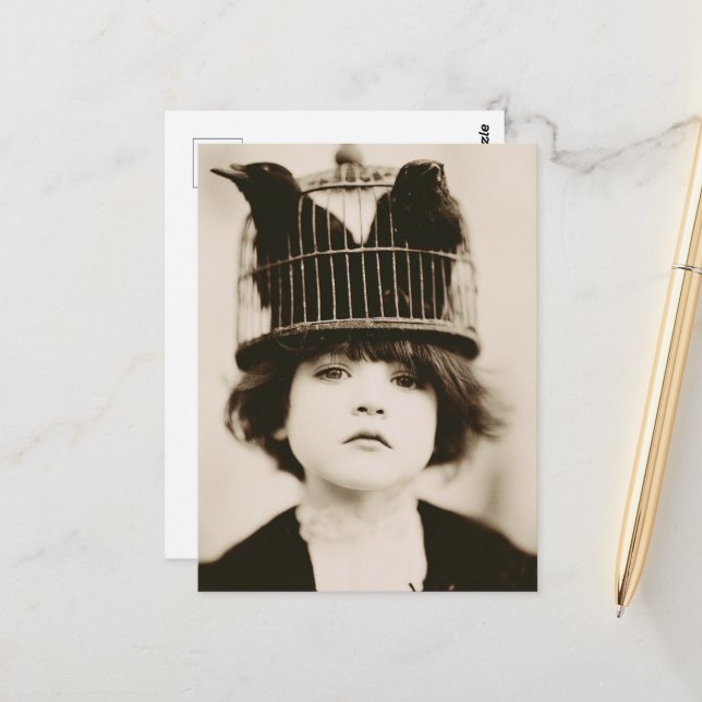 Woman With Bird Cage Hat Postcard (Front/Back In Situ)