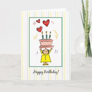 Woman With Birthday Cake and Hearts Cartoon Figure Card