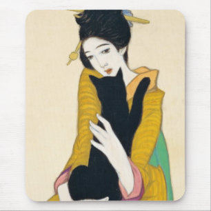 Woman with Black cat, Yumeji Takehisa Mouse Mat