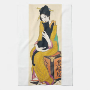 Woman with Black cat, Yumeji Takehisa Tea Towel