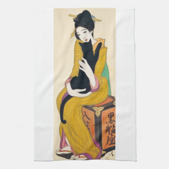 Woman with Black cat, Yumeji Takehisa Tea Towel (Vertical)